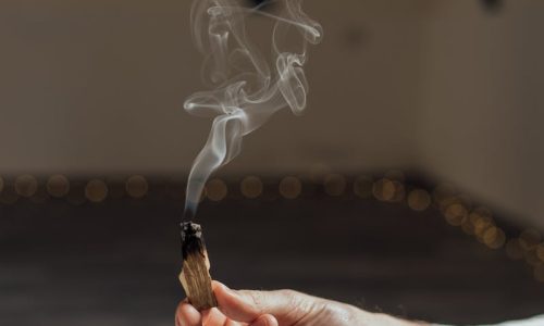 A hand holding a smoldering palo santo stick, creating swirling smoke indoors.